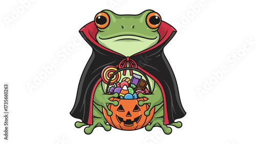 Spooky Amphibian: A charming, cartoon frog dressed as a vampire, clutching a pumpkin bucket filled with candy, embodies the spirit of Halloween with a whimsical touch.