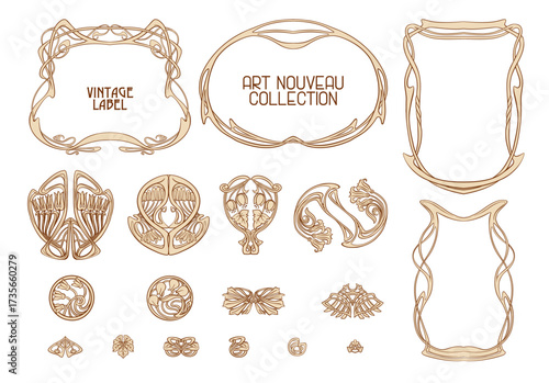 Decorative flowers and leaves in art nouveau style, vintage, old, retro style. Border, frame, template for product label, cosmetic packaging. Easy to edit. Vector illustration.