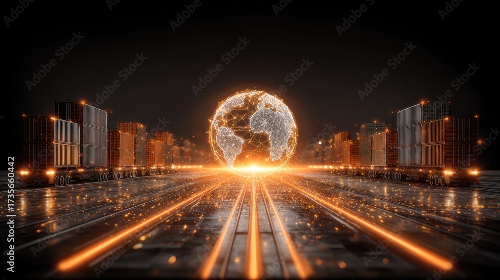 Fototapeta premium Global Supply Chain Network with Shipping Containers, Technology, and Futuristic World Map Visualization