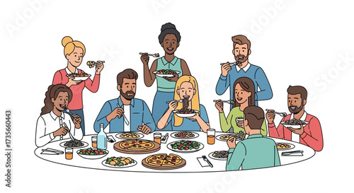Group of diverse people sitting around a table, enjoying a meal together with plates of food and drinks, smiling and conversing.