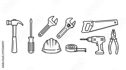 Collection of hand tools and safety helmet for construction and diy projects vector