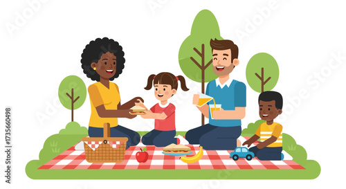 A happy family enjoys a picnic in the park, sitting on a checkered blanket with food and toys.