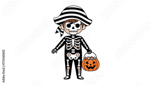Spooky Halloween Kid: A child dressed in a skeleton costume, holding a pumpkin-shaped candy bag, ready for a night of trick-or-treating, embodying the spirit of Halloween