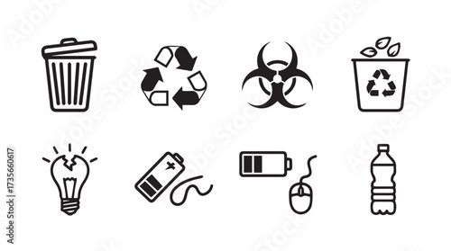 Collection of recycling and waste disposal icons for environmental awareness and sustainability concepts vector