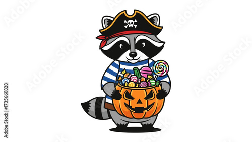 Pirate Raccoon Halloween: A cute cartoon raccoon, dressed as a pirate, clutching a pumpkin bucket overflowing with Halloween candies, a playful character in a festive setting.