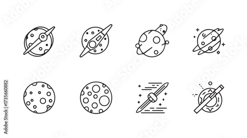 Cosmic celestial bodies collection hand drawn style planets moons stars orbiting space exploration vector