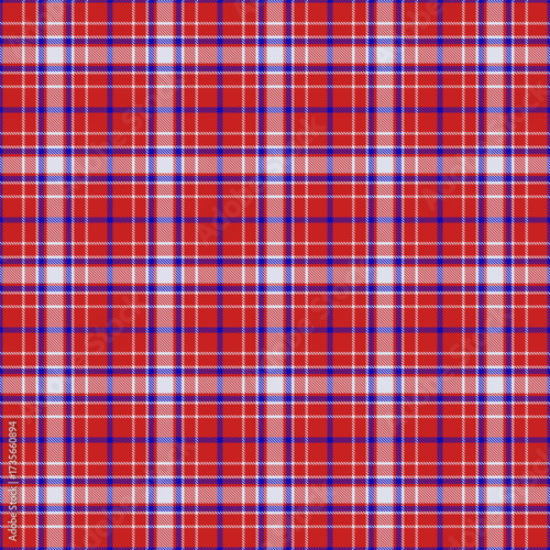 Classic plaid pattern in vibrant red, blue, and white. Versatile for backgrounds, textiles, or festive designs. Evokes tradition, warmth, and a cozy feel.