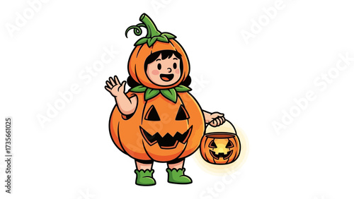 Pumpkin Costume Girl: a joyful cartoon girl dressed in a vibrant pumpkin costume, embodies the festive spirit of Halloween while carrying a classic jack-o'-lantern bucket.