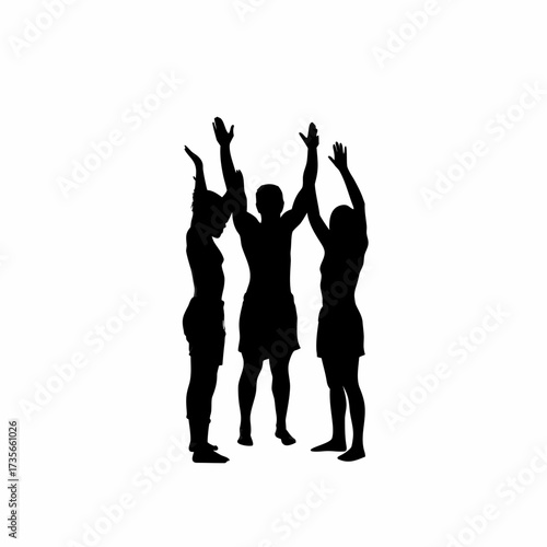 Silhouette of villagers raising hands to answer trainer s questions isolated on white background