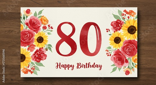 Floral birthday greeting with number 80 and decorative elements