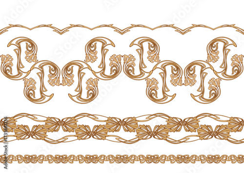 Decorative flowers and leaves in art nouveau style, vintage, old, retro style. Seamless border pattern, background, frame. Vector illustration. In art nouveau style, vintage, old, retro style.