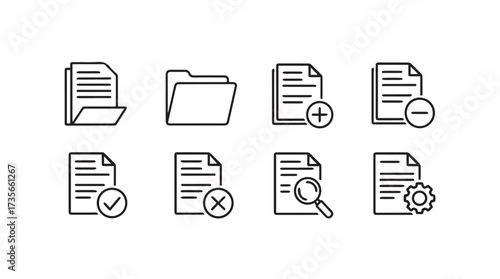 Set of outline document folder icons representing file management and organization tasks vector