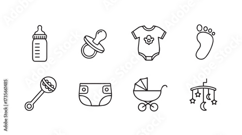 Collection of hand drawn baby icons for newborn essentials and nursery decor vector