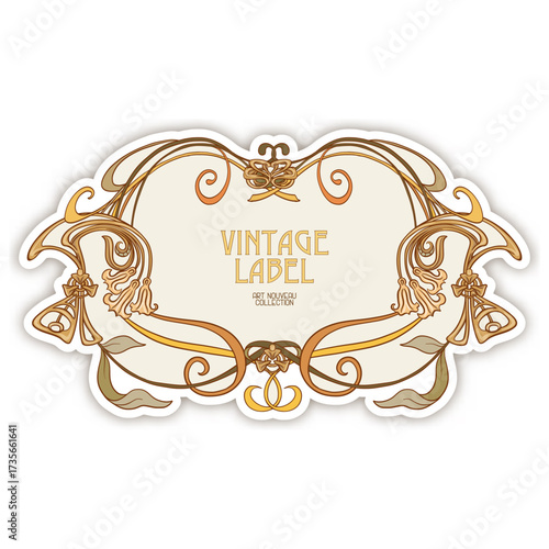 Decorative flowers and leaves in art nouveau style, vintage, old, retro style. Border, frame, template for product label, cosmetic packaging. Easy to edit. Vector illustration.