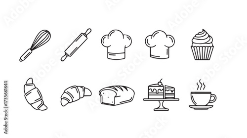 Hand drawn baking icons set featuring whisk rolling pin chef hats croissant bread cake and coffee cup vector