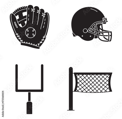 Silhouetted baseball glove football helmet goalpost and football net sports icons