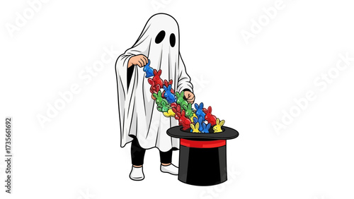 Ghostly Illusionist: A cloaked figure, perhaps a playful spirit or a trickster, appears to be conjuring a colorful parade of toy rabbits from a classic magician's hat.