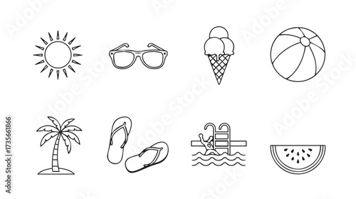 Summer vacation icons collection refreshing fun tropical beach sunglasses ice cream ball palm tree vector