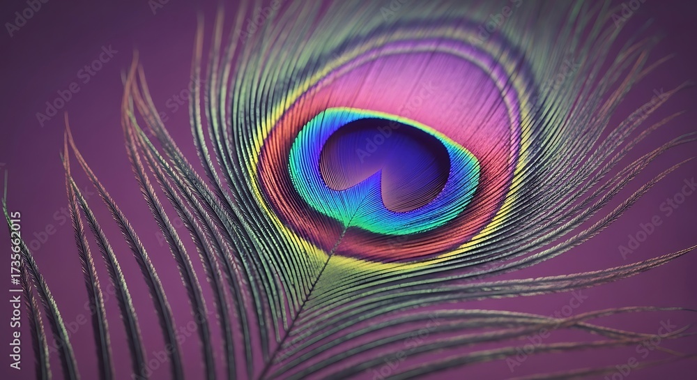 Obraz premium Closeup macro shot of a vibrant peacock feather with intricate eye pattern and iridescent colors