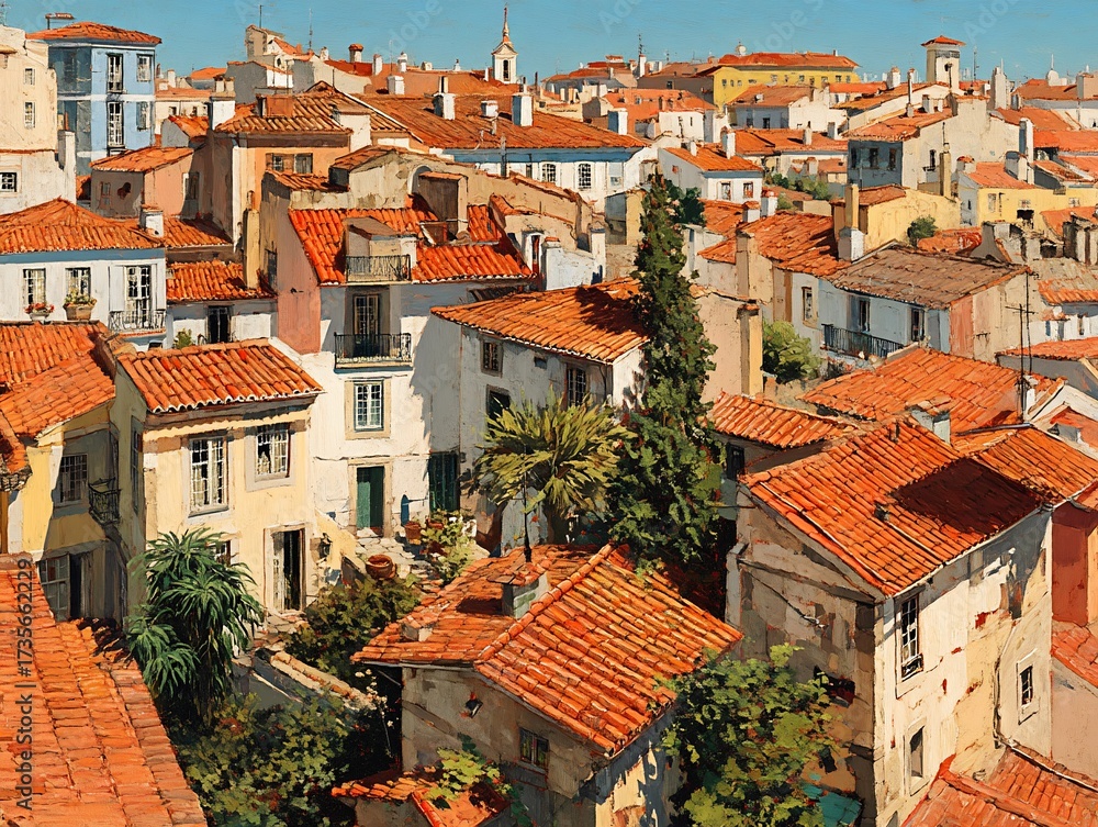 Obraz premium Aerial view of a picturesque colonial neighborhood featuring charming red rooftops and streets