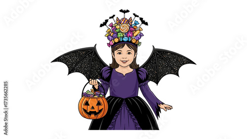 Halloween's Sweet Queen: An illustration of a young girl, adorned with a crown of candies, and dressed in bat-like wings. She clutches a pumpkin basket, embodying the whimsical charm of Halloween.