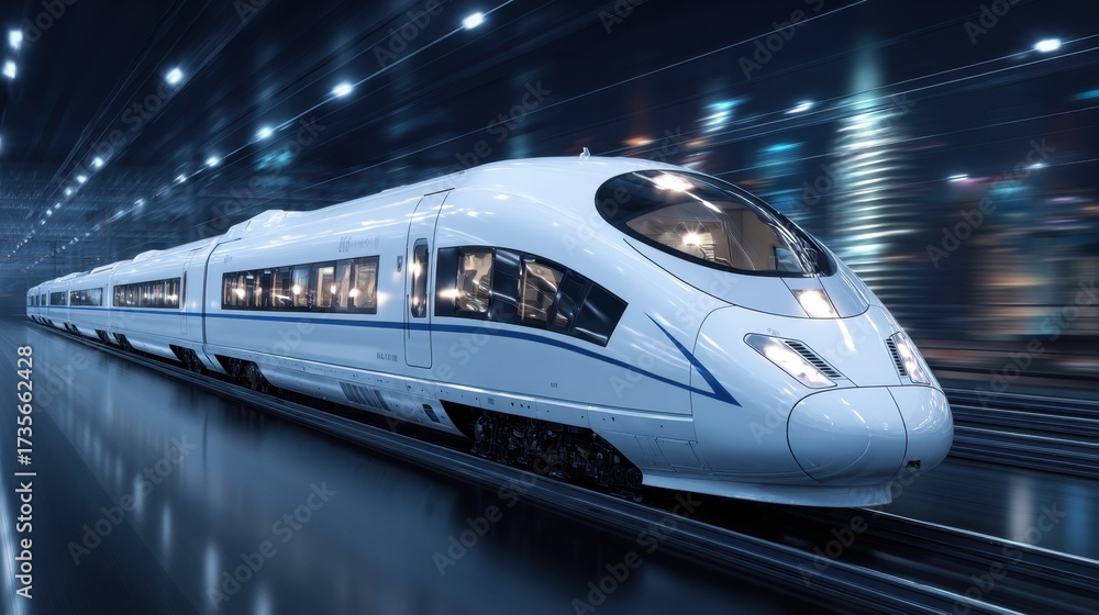 Fototapeta premium High-Speed Modern Train Traveling Through A Futuristic Cityscape At Night With Blurred Lights