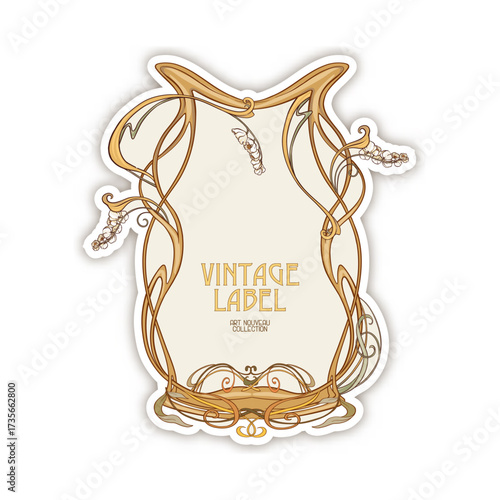 Decorative flowers and leaves in art nouveau style, vintage, old, retro style. Border, frame, template for product label, cosmetic packaging. Easy to edit. Vector illustration.