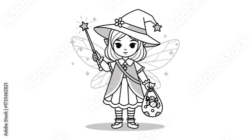 Whimsical Fairy Wizard: A captivating illustration showcases a charming fairy dressed as a wizard, with a magic wand and a small bag. Embracing fantasy and imagination.