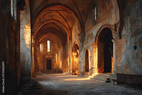 Wallpaper Mural Beautiful old church interior with a bench in the middle bathed in warm golden light for peaceful reflection Torontodigital.ca
