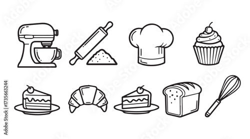 Hand drawn baking icons collection featuring mixer rolling pin chef hat cupcake croissant bread and cake slices vector