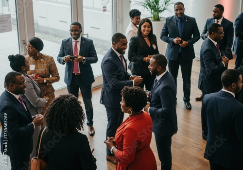Dynamic Black business leaders confidently connect and collaborate at a modern professional event, building valuable relationships and future success.