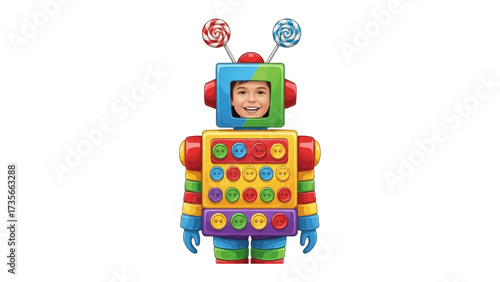 A Child's Robot Toy: A child is encased within a vibrant and whimsical robot toy, embodying the spirit of fun, wonder, and youthful imagination.