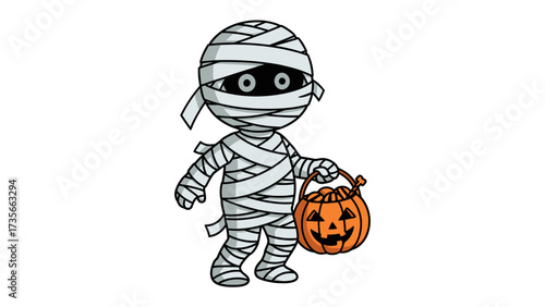 Spooky Mummy with Halloween Pumpkin: This whimsical illustration features a cheerful mummy carrying a jack-o'-lantern bucket, exuding playful vibes for the Halloween season.