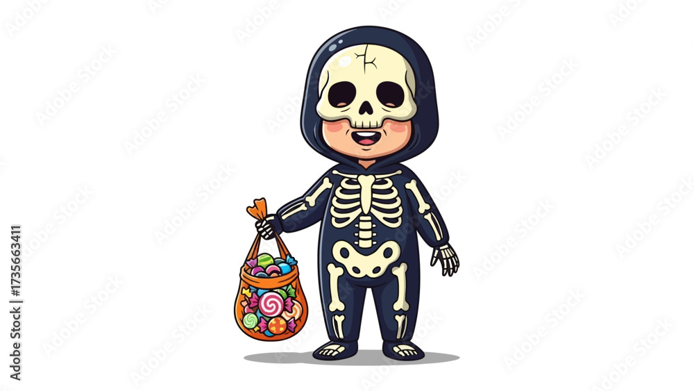 Obraz premium Spooky Specter's Sweet Haul: A cartoon depiction of a delightful child in a skeleton costume, gleefully clutching a candy bag, embodies the playful spirit of Halloween.
