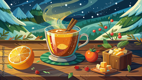 Steaming spiced apple cider on rustic wooden table with snow falling outside, cozy warmth, seasonal charm, festive mood, inviting scene, aromatic flavor, perfect for winter design, poster, 