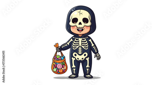 Spooky Specter's Sweet Haul: A cartoon depiction of a delightful child in a skeleton costume, gleefully clutching a candy bag, embodies the playful spirit of Halloween.