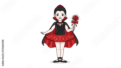 Young Ballerina in Halloween Costume: A young girl, dressed in a Halloween-themed ballet costume, holds a decorative wand, showcasing a playful fusion of elegance and holiday spirit.