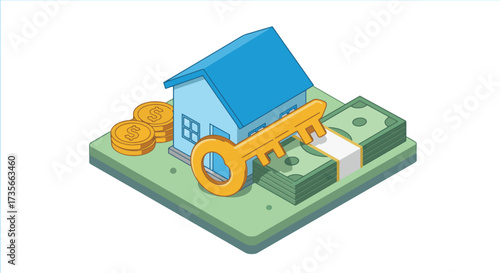 Real estate mortgage and property investment concept with a house, stacks of dollars, gold coins, and a golden key