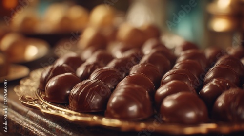 A beautiful arrangement of rich, dark chocolate confections on a decorative platter, ideal for dessert lovers.