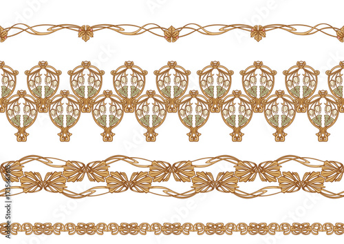 Decorative flowers and leaves in art nouveau style, vintage, old, retro style. Seamless border pattern, background, frame. Vector illustration. In art nouveau style, vintage, old, retro style.