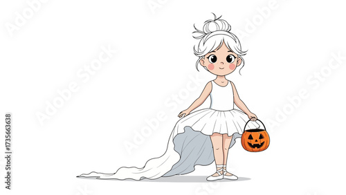 Whimsical Halloween: A cute, illustrated girl in a charming ghost costume, smiling slightly, holding a pumpkin-shaped candy bucket, all ready for the festivities.