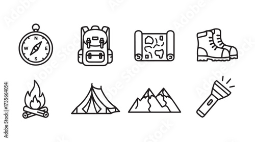 Hiking and camping essentials icons set of compass backpack map boot fire tent mountains flashlight vector