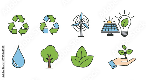 Collection of Environmental Protection and Renewable Energy Symbols and Icons Representing Sustainability and Eco-Friendly Practices for Green Initiatives