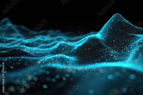 Abstract, digital 3D landscape featuring a sea of interconnected particles