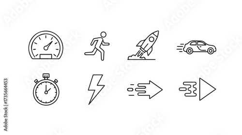 Speed and performance icons set representing velocity progress and movement concepts vector