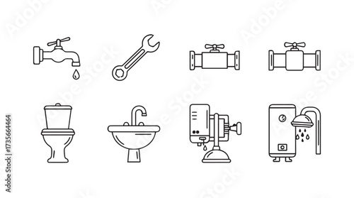 Plumbing service icons set toilet sink faucet wrench water heater shower repair supplies vector