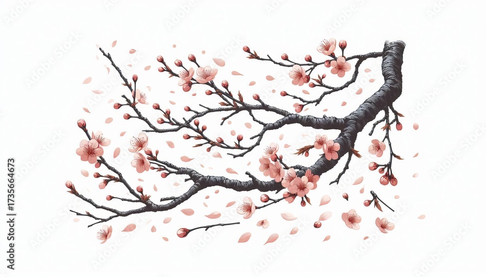 Fototapeta premium Illustration of fallen cherry blossom stems in Japanese spring on a white background.