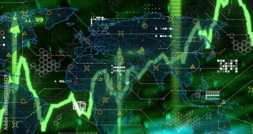 Green line tracing map outline revealing world map, arrows surging and hex grids highlighting data