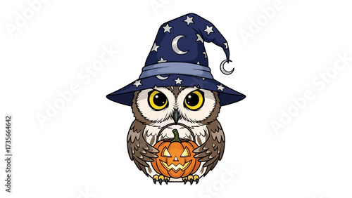 Spooky Owl: A charming illustration showcases an owl, sporting a wizard's hat and clutching a carved pumpkin, evokes the spirit of Halloween. 