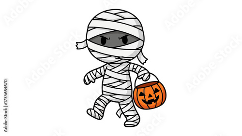 Halloween Mummy Holding Pumpkin: A cartoon mummy figure, wrapped in bandages, confidently carries a Jack-o'-lantern bucket. This playful artwork encapsulates the spirit of Halloween.